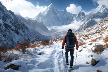 Hiker walking on snowy mountain path in the himalayas © Gatherina