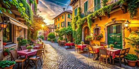 Obraz premium Aerial View of Italian Outdoor Cafe Tables, Sunny Day, Cobblestone Street