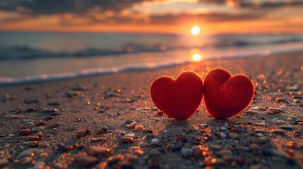 Fototapeta premium Sunset Romance: Two Knitted Hearts on a Beach at Golden Hour
