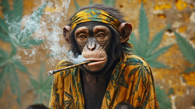 Chill chimp smoking a pipe, wearing a cannabis-leaf patterned shirt.