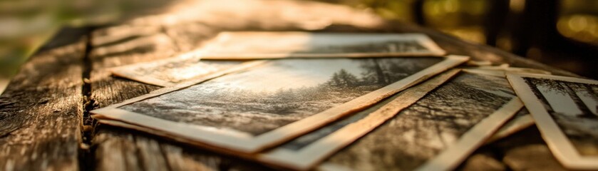 Vintage photographs displayed on a rustic wooden table outdoors.