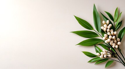 Elegant White Berries and Green Leaves on White Background