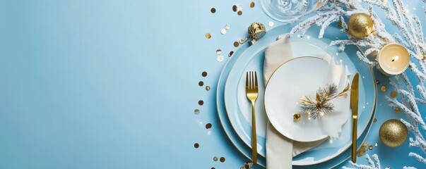 Opulent New Year's dinner arrangement in cafe, showcasing top-view plates, gold cutlery, napkin ring, wine glass, baubles, candle, confetti, frosted fir twigs, mistletoe, text space on blue