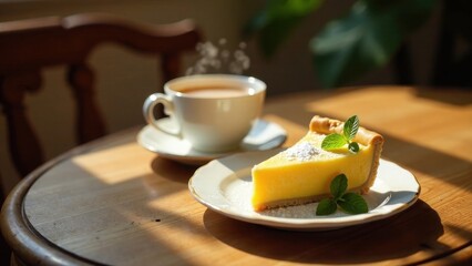 A slice of lemon custard pie garnished with fresh mint, accompanied by a cup of hot tea, bathed in sunlight on a wooden table