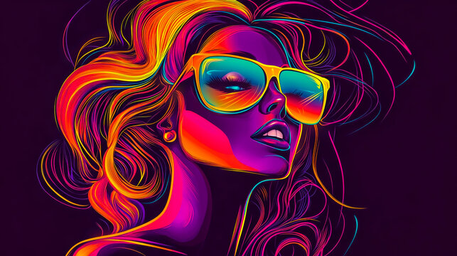 Vibrant and flashy glamorous disco diva illustration, T-shirt design graphic, vector art with bold contour lines, flat black background, retro style, neon colors, high-energy, dance-inspired