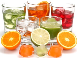 Fototapeta premium Four colorful iced cocktails with citrus fruits and ice cubes.