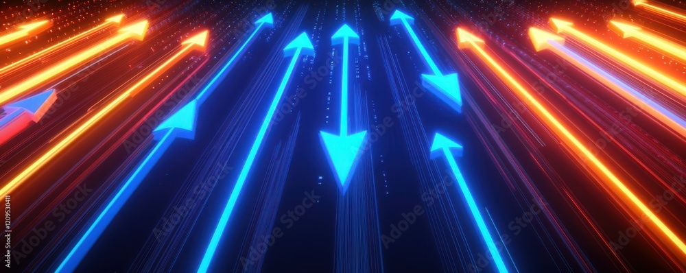 Poster orange and blue neon arrows rising from a digital field, symbolizing rapid technological progress, i