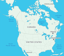 North America map highlighting countries, borders, major cities © sarfaraz