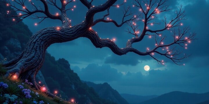 Enchanted Nightscape Luminescent Branches of an Ancient Tree Adorn a Serene Hillside Underneath a Peaceful Moon