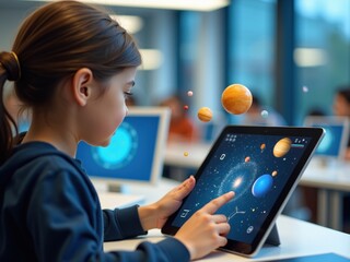 Engaging student explores augmented reality application showing planets and galaxies in a classroom setting during a science lesson on astronomy