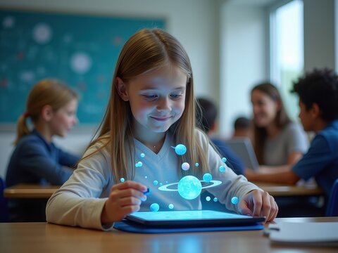 Children engaging with augmented reality educational activity exploring planets and space in a classroom setting during daytime