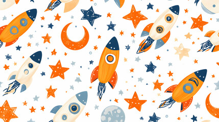 Cute Rockets and Stars Seamless Pattern, moon, space, background, texture, design