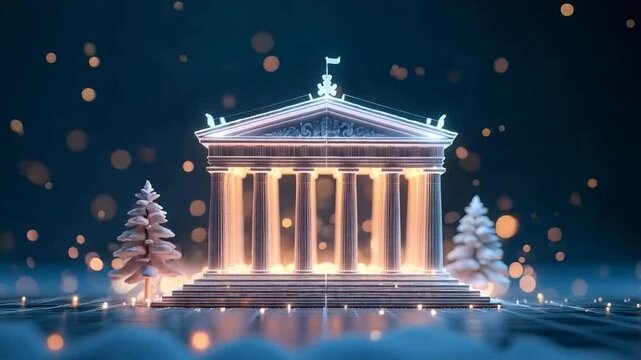 Digital wireframe of a business building, columns and pediment lit by glowing particles