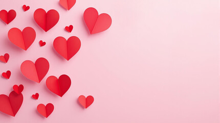 floating paper-cut red hearts on a soft pastel pink background for valentines day, wedding invitations, love promotions, greeting cards