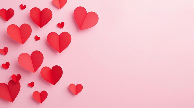 floating paper-cut red hearts on a soft pastel pink background for valentines day, wedding invitations, love promotions, greeting cards