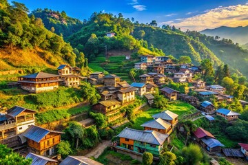Fototapeta premium Aerial View of Naga Heritage Village, Kohima, Nagaland, India: Traditional Houses on Hillside