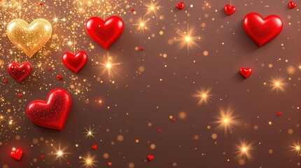 golden and red 3d hearts with sparkles for valentines day, wedding invitations, greeting cards, social media posts, love promotions, sale banners, marketing