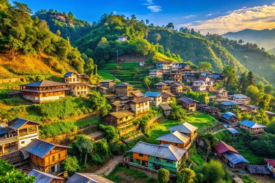 Aerial View of Naga Heritage Village, Kohima, Nagaland, India: Traditional Houses on Hillside