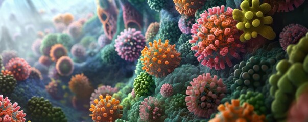 Obraz premium A microscopic world where viruses resemble tiny, self-replicating nanomachines designed to target and eliminate specific pathogens.