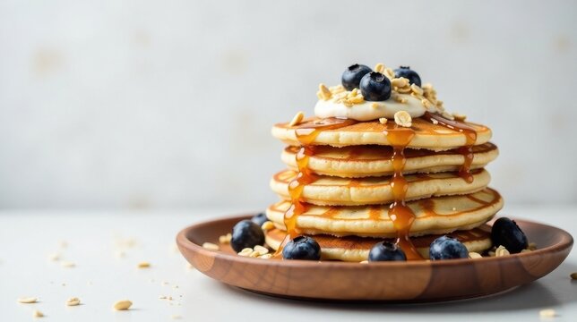 A tempting stack of fluffy pancakes drizzled with golden syrup, topped with creamy yogurt, crunchy oats, and juicy blueberries, served on a rustic wooden plate.