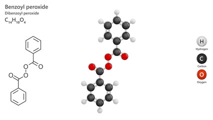 Molecule: Benzoyl Peroxide. Molecular structure. Formula: C14H18O4. Chemical model: Ball and stick. White background. 3D illustration.