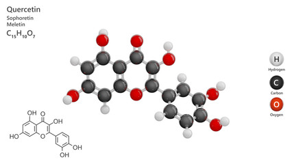 Molecule: Quercetin. Molecular structure. Formula: C15H10O7. Chemical model: Ball and stick. White background. 3D illustration.