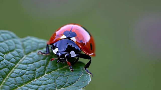 Vibrant red ladybug crawling along verdant green leaf surface, showcasing intricate patterns and delicate movement within lush garden ecosystem during warm seasonal light