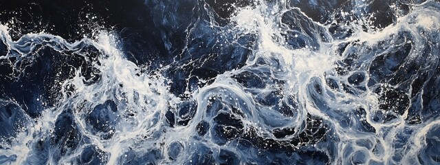 Obraz premium Top-down view of dark blue ocean waves with white foam creating intricate patterns and emphasizing nature's vastness and beauty