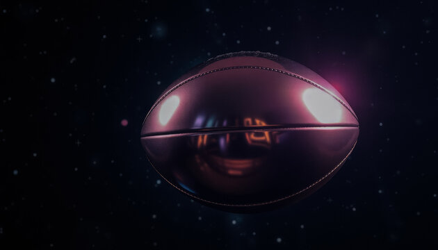 A metallic football with reflective neon highlights, glowing in a cosmic setting with a dark, atmospheric background.