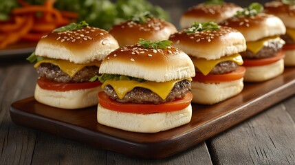 Gourmet burger sliders with mini buns cheese and fresh toppings
