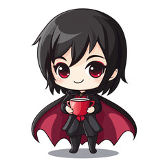 A chibi-style vampire with a tiny cape and a blushing face, holding a cup of tea, isolated on a white background.