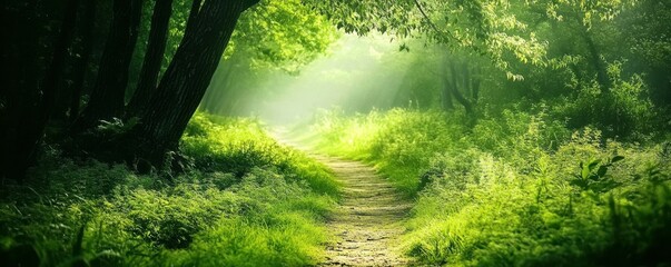 Obraz premium Scenic hiking trail through a lush green forest, nature escape.