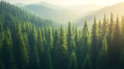 Sunlit Evergreen Forest in Mountain Landscape, mountains, nature, scenery, trees, pine