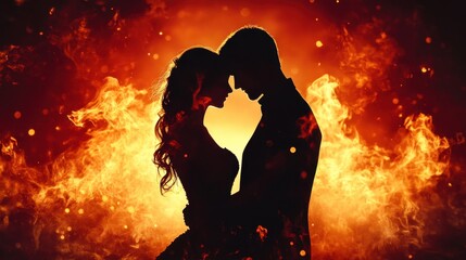 Romantic Silhouette of Couple Against Fiery Background with Sparks