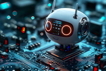 Cute and Futuristic AI Robot on Circuit Board with Neon Lights and Glossy Finish