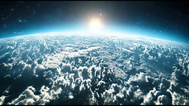 Breathtaking view shows Earth and clouds illuminated by the rising sun from outer space.