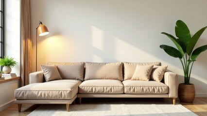 Relaxing Modern Living Room Interior Design with Beige Sectional Sofa and Natural Light