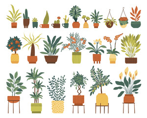 Set of indoor plants in different pots. Flowering and leafy plants in pots, on a stand and in a cachepot. Flat vector illustration.