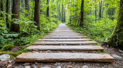 Forest path steps leading into woods. Hiking trail nature background. Website banner