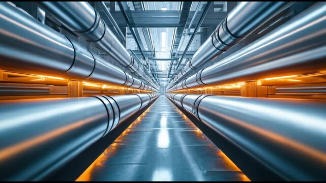 A long corridor lined with shiny metallic pipes reflecting warm light showcases industrial design.