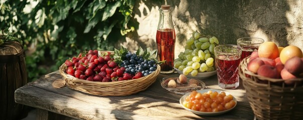 Outdoor picnic with fresh fruits and drinks, rustic countryside vibe.