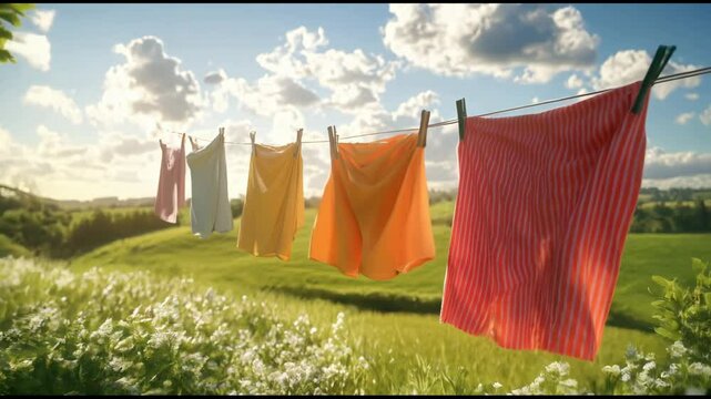 Brightly colored garments sway gently in the breeze under a clear blue sky with clouds.