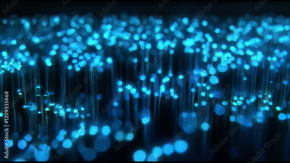 Poster shimmering blue lights form intricate patterns, captivating viewers in a dim environment.