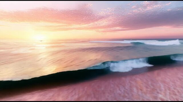 Soft waves wash onto the shore as the sun rises, creating a peaceful morning atmosphere.