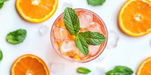 Aperol Spritz cocktail with mint leaves and orange slices on a white backdrop featuring coral hues and ice cubes for a refreshing summer vibe