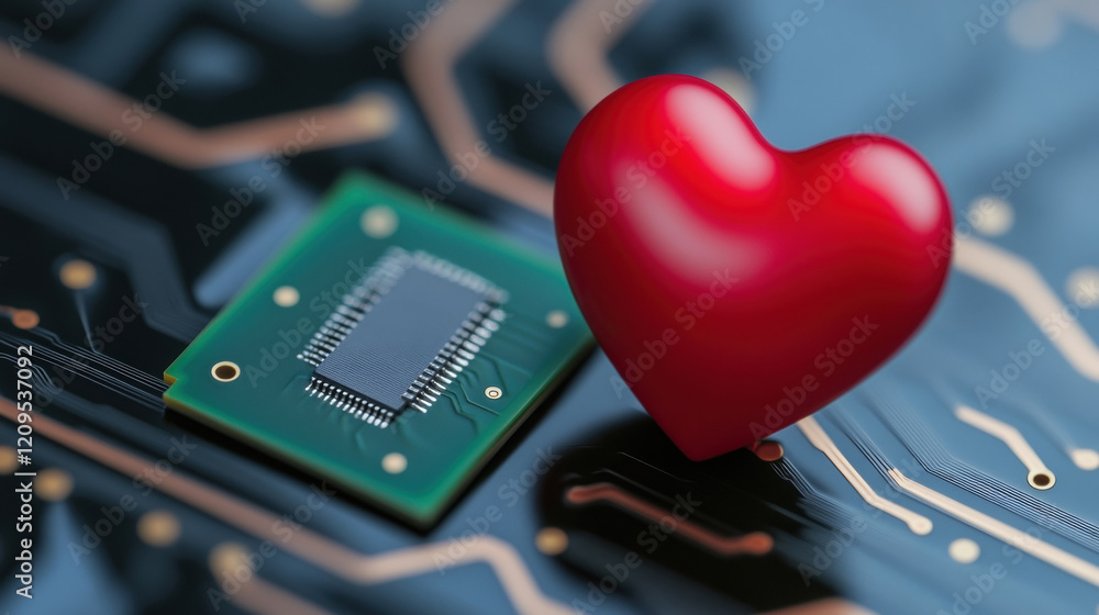 Aufkleber a red heart rests on a computer chip, symbolizing the fusion of technology and emotion in a digital 