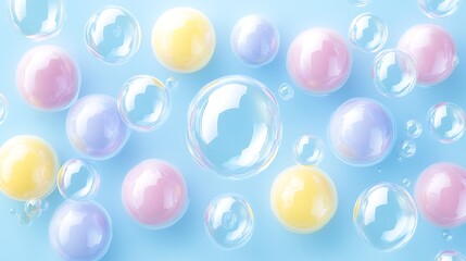 Fototapeta premium Pastel colored spheres and bubbles float on a blue background