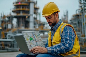 Engineer working on laptop at petrochemical plant