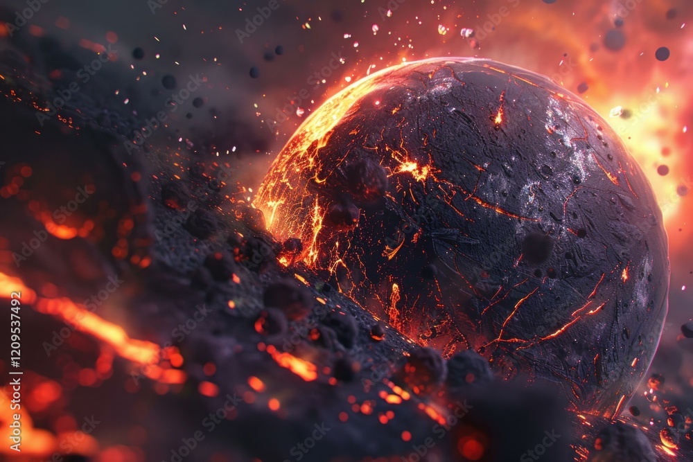 Poster planet exploding with lava, magma, fire, and asteroids creating an apocalyptic scene