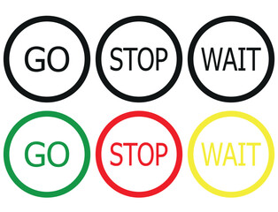  Stop, wait and go, bring symbol set in red, yellow and green color. Collection traffic signs icon. Sign, stop, go and wait isolated set. Road sign icon. Vector illustration.